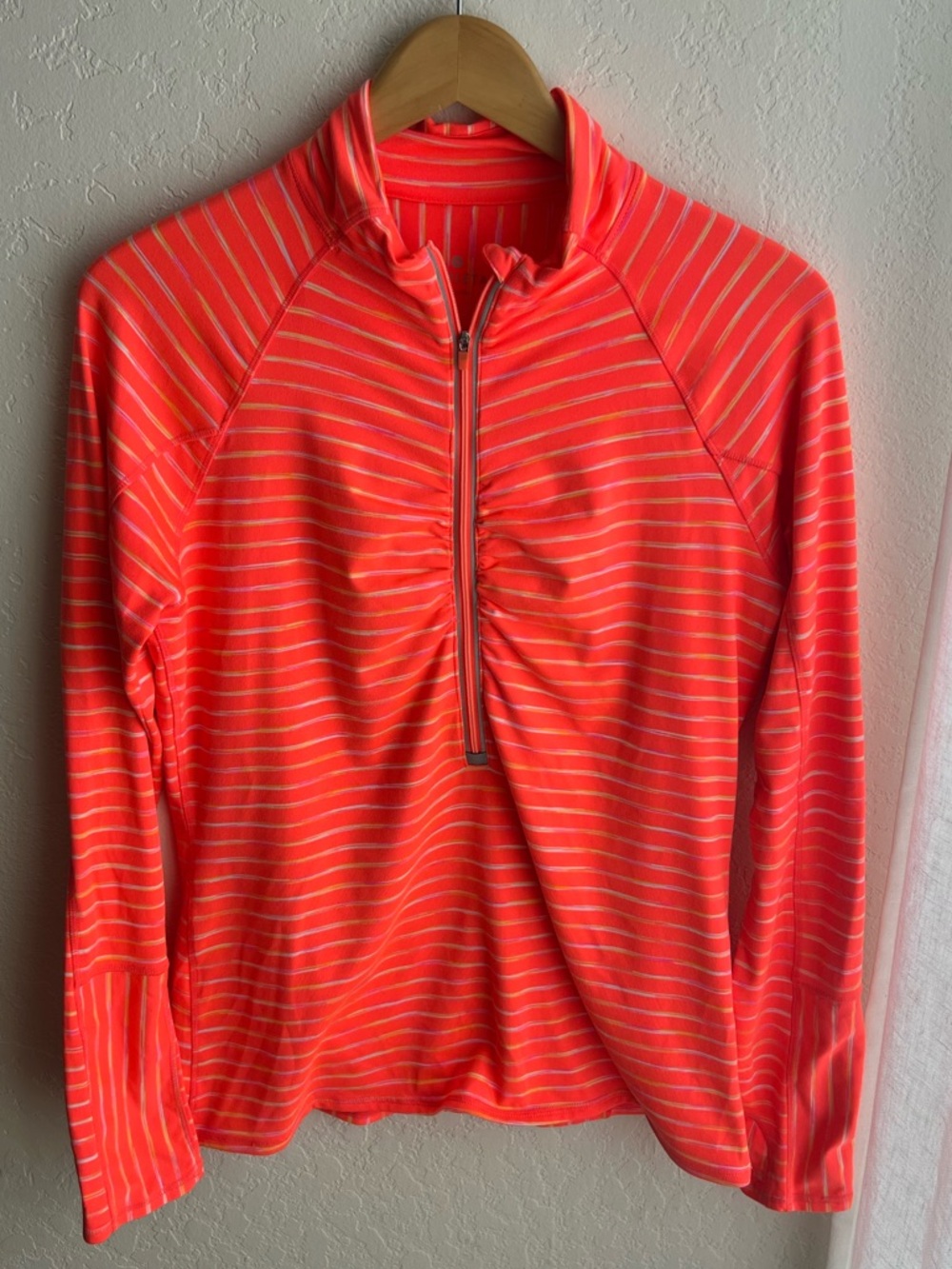 Athleta Neon Coral Striped Zip-Front Pullover